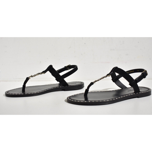 Saint Laurent YSL Logo Iota 05 Black Suede Studded Thong Slide Flat Sandal 35 - Picture 10 of 12